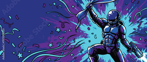 Fantasy Space Warrior Hero in Armored Suit Celebrating a Day During an Event