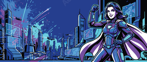 Space City Protector in Heroic Pose Amidst Futuristic Skyline Celebration