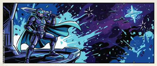 Space Knight Standing Valiantly with a Sword over His Shoulder in a Cosmic Landscape