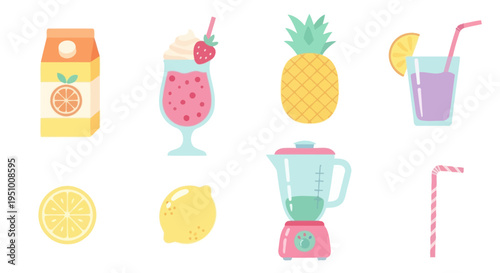 Flat Design Icons of Fresh Summer Drinks, Fruits and Blender