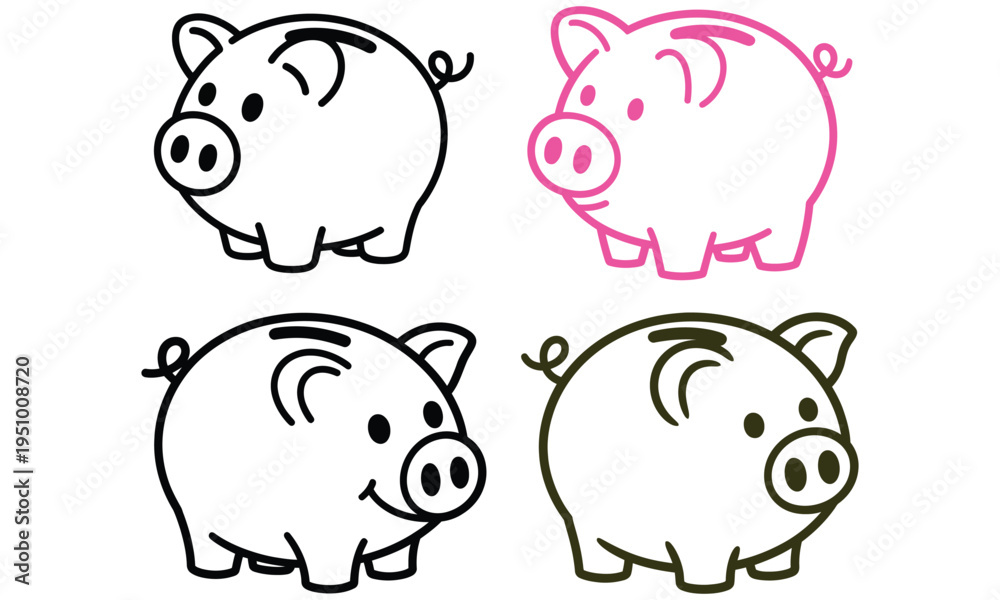 Fototapeta premium Cute piggy bank icon set simple line and color variations financial savings concept illustration 