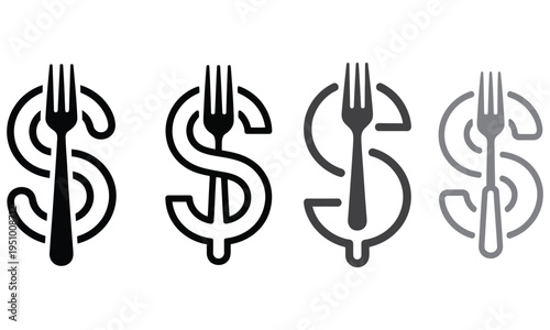 Dollar sign with fork creative finance and food cost concept icon set minimal design illustration 