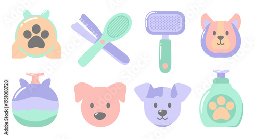 Flat Style Icons of Dog Grooming Tools and Cute Dog Faces