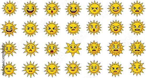 Cartoon sun faces with various emotions yellow