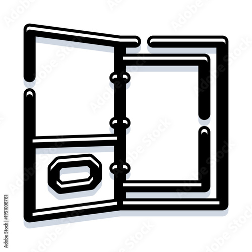 Open open ring binder with blank pages and inner pocket, minimalist black and white office supply symbolizing organization, education, archives, and document storage