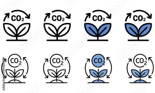 Eco friendly co2 reduction concept with plant growth icons and carbon cycle symbols isolated on white background