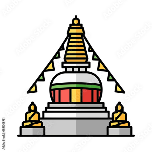 Buddhist Stupa With Buddha Statues And Prayer Flags