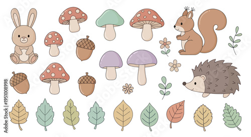 Cute Autumn Forest Animals, Mushrooms, and Leaves Vector Illustration