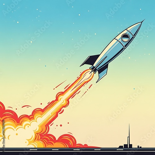 Stylized depiction of a classic silver rocket ascending into the pale sky with powerful fiery exhaust
