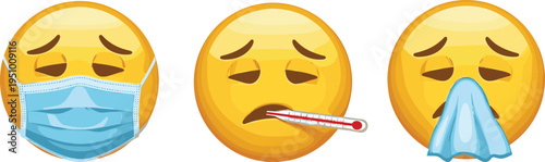 Yellow emojis with facial expressions of sickness and symptoms yellow faces illness