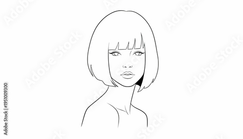 Minimalist Line Art Portrait of a Woman with Bob Haircut and Intense Gaze