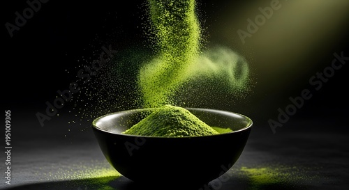 Matcha Green Tea Powder Falling into a Black Bowl with Dust Cloud Effect on Dark Background