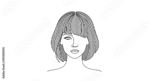 Minimalist Line Art Portrait of a Woman with Bob Haircut and Striped Hair Texture