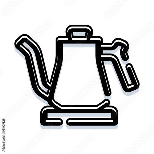 Gooseneck kettle icon with long curved spout and handle, minimal outline vector for brewing pour over coffee or steeping tea in home kitchens, cafes, and barista setups