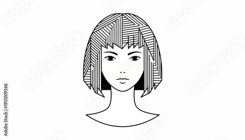 Minimalist Line Art Portrait of a Woman with Geometric Bob Hairstyle