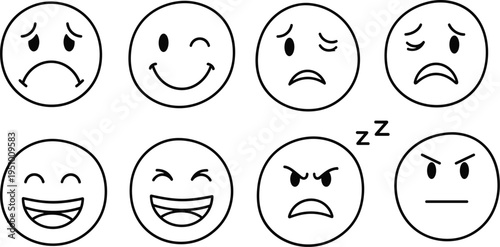 Black and white emoticon faces with various expressions emotions smile