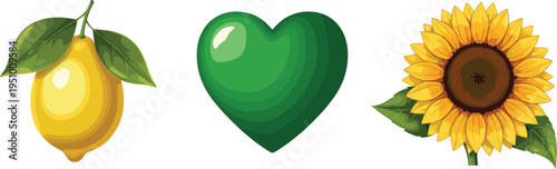 Lemon with leaves green heart and sunflower on white background green leaves heart shape