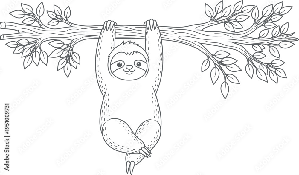 Obraz premium A cute cartoon sloth character hangs upside down from a leafy tree branch, depicted in a simple line art illustration style, perfect for children's coloring books or educational materials.