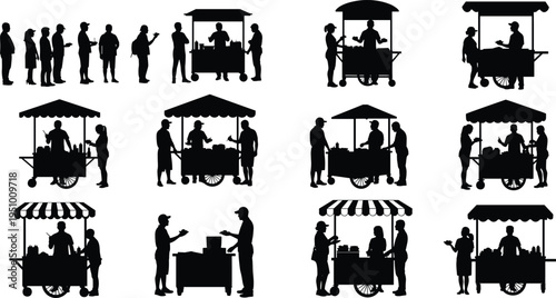 Black silhouettes of people standing in line and buying food from carts food carts
