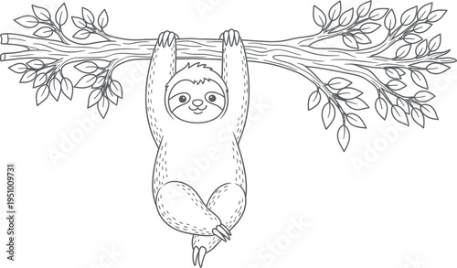 A cute cartoon sloth character hangs upside down from a leafy tree branch, depicted in a simple line art illustration style, perfect for children's coloring books or educational materials.
