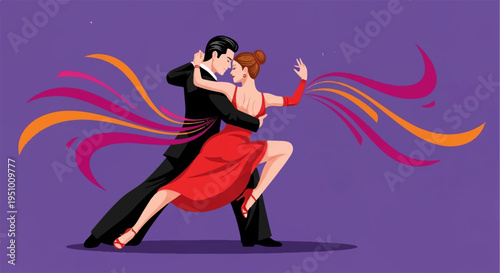 Couple dancing tango man and woman in red and black romantic movement purple background