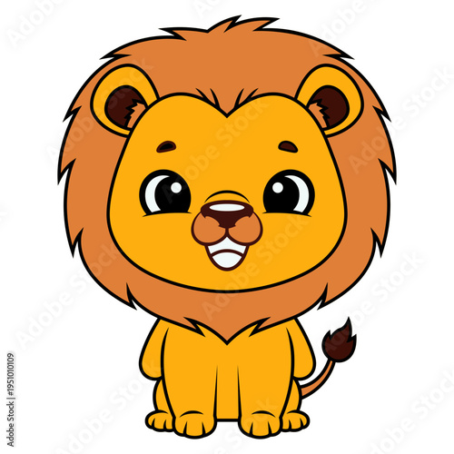 Cute cartoon baby lion cub with big mane sitting on white background