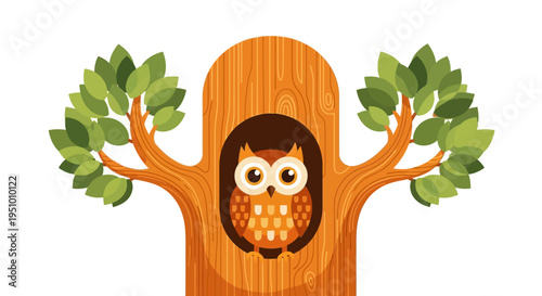 Vector illustration of owl in tree stump with leaves