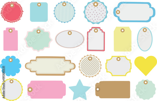 Collection of decorative stickers and tags in various shapes and colors for labeling and crafting Vector