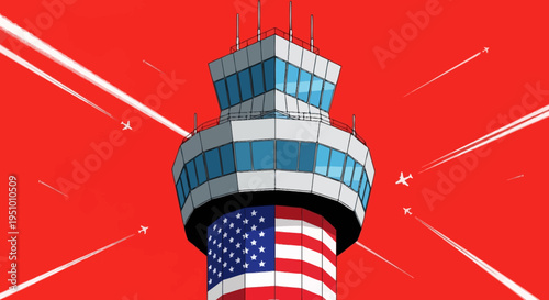 Vector illustration of air traffic control tower with American flag
