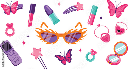 Cute girly fashion accessories set with lipstick, sunglasses, butterflies, makeup, jewelry and retro phone, colorful trendy feminine vector illustration collection