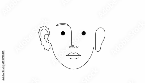 Minimalist Line Art Face with Asymmetrical Ears and Eyes, Abstract Portrait