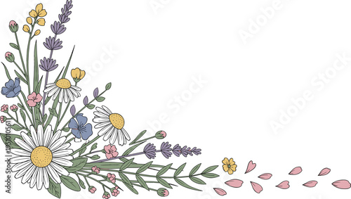 Wildflower bouquet corner with chamomile, lavender and meadow flowers, delicate hand drawn botanical floral arrangement vector illustration with falling petals