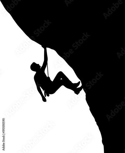 Silhouette of a Rock Climber Scaling an Overhanging Cliff against White Background