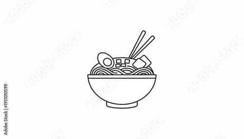 Minimalist Line Art Icon of a Ramen Bowl with Chopsticks, Egg, and Tofu