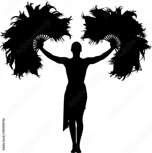 Black Silhouette of a Burlesque Performer or Cabaret Dancer Holding Large Decorative Feather Fans
