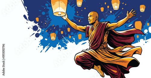 Buddhist Monk Releasing a Sky Lantern During a Vesak Festival Celebration
