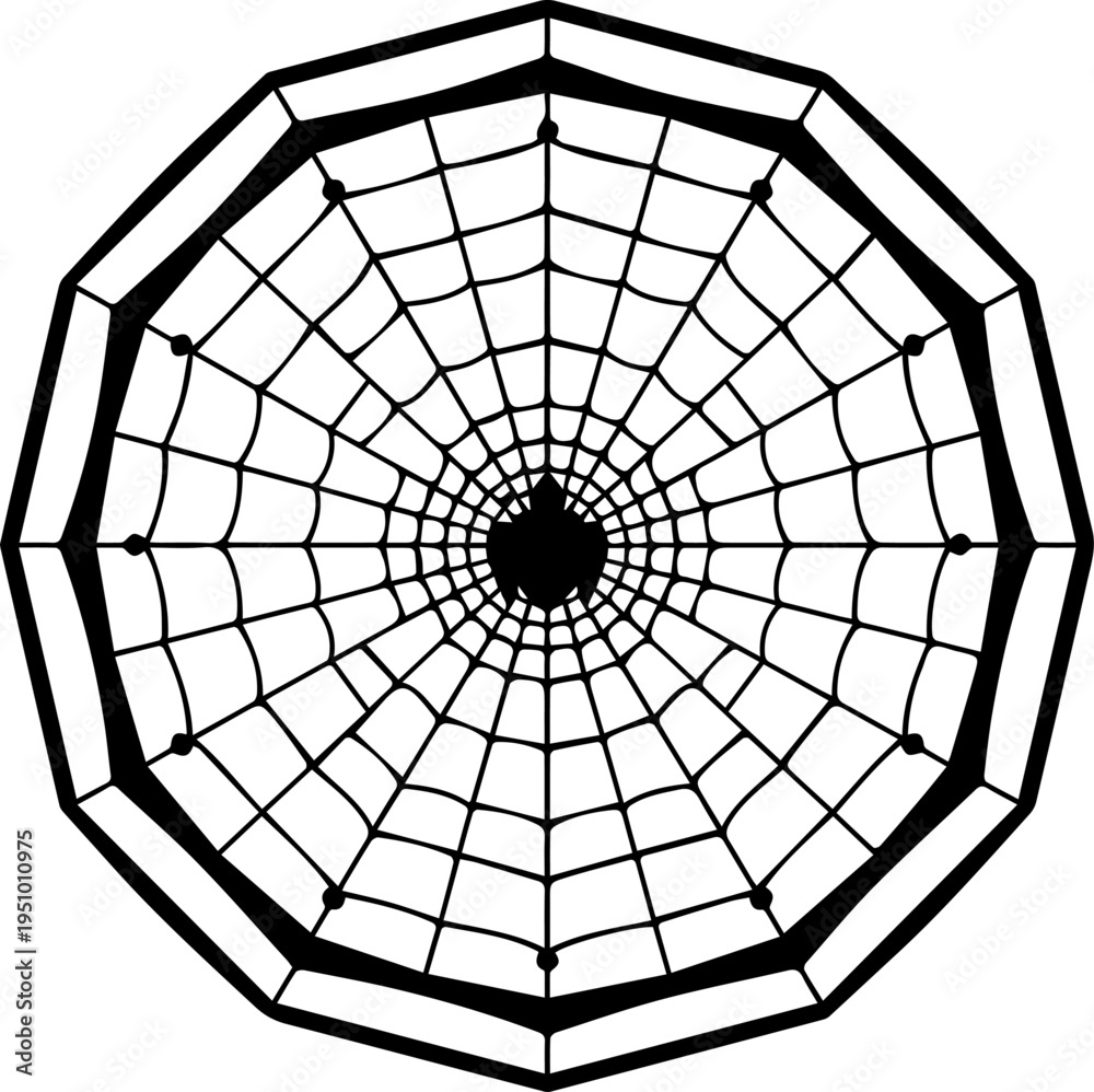 Obraz premium Black and White Spider Web Vector Illustration with Spider in Center Octagonal Frame