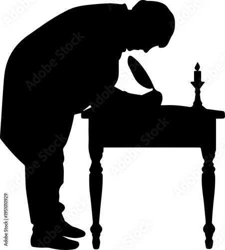 Black Silhouette of a Historical Scholar Writing with a Quill Pen at a Desk by Candlelight