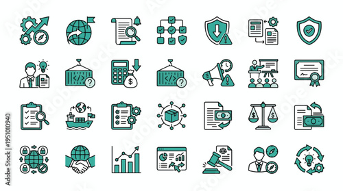 Corporate compliance icons. Legal, regulatory, finance, global trade, shipping, data security, risk management, business ethics, strategy, auditing, law, governance. Vector line art icons.
