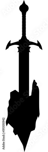 Black Silhouette of Fantasy Sword Stuck in Stone Excalibur Legend Vector Illustration