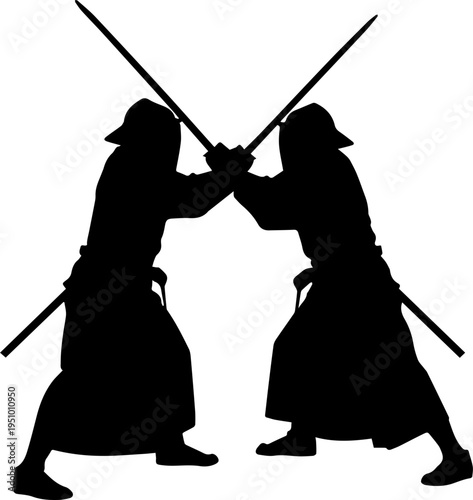 Black Silhouette of Two Kendo Martial Arts Practitioners Sparring with Bamboo Swords in Traditional Japanese Armor