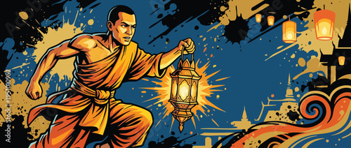 Vesak Day Monk Holding Lantern with Dynamic Brushstroke Background