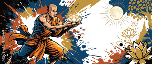 Buddhist Monk Offering Lotus Flower Under Full Moon Vesak Celebration Theme