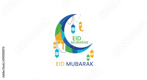 Colorful crescent moon and lanterns celebrate eid mubarak with a striking silhouette high quality professional detailed