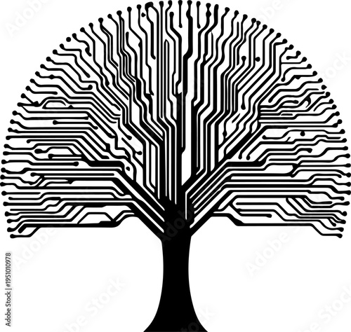 Digital Technology Tree Illustration with Circuit Board PCB Pattern Branches Symbolizing Sustainable Innovation and Connectivity Vector Graphic