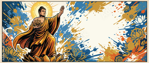 Buddha Figure with Halo and Lotus Flowers Celebrating Vesak Buddhist Celebration