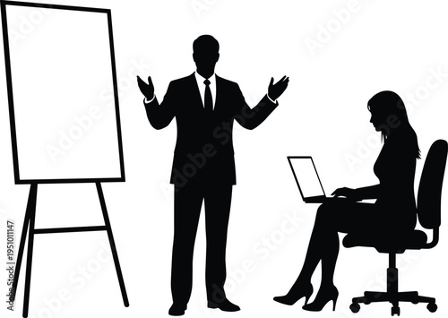 Business presentation silhouettes with businessman explaining strategy on flip chart while businesswoman works on laptop, corporate meeting, training seminar and office teamwork concept illustration