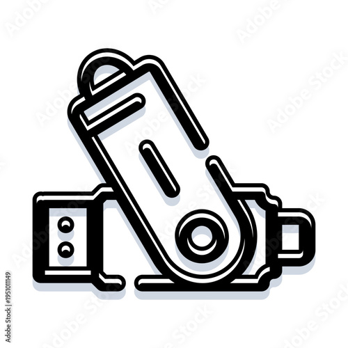 Usb flash drive icon with tilted outline and soft shadow, representing portable digital storage, file transfer, backup and secure data access in clean vector line art style