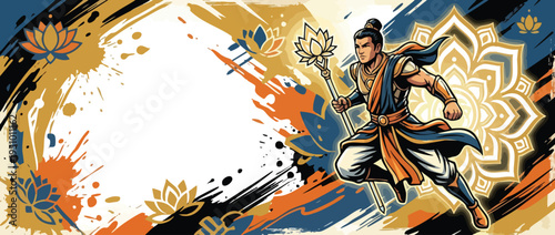 Vesak Day Buddhist Celebration Theme Featuring Lotus Mandala Symbol with Dynamic Character