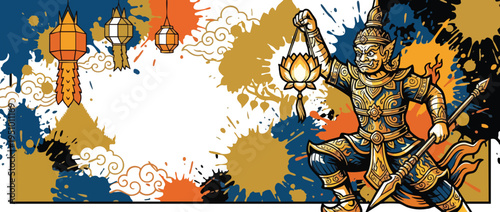 Vesak Buddhist Celebration Banner with Temple Gate Guardian and Lanterns